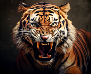 Obraz premium A tiger roaring with its jaw wide open. Tiger with its tongue out looking in the wild, an angry tiger roaring.