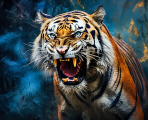 A tiger roaring with its jaw wide open. Tiger with its tongue out looking in the wild, an angry tiger roaring.