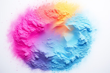 Colorful dust power falling  over white background, color palettes, rainbow powder on white background, chalky, cross processing, vibrant. Rainbow powder color splash on white. 