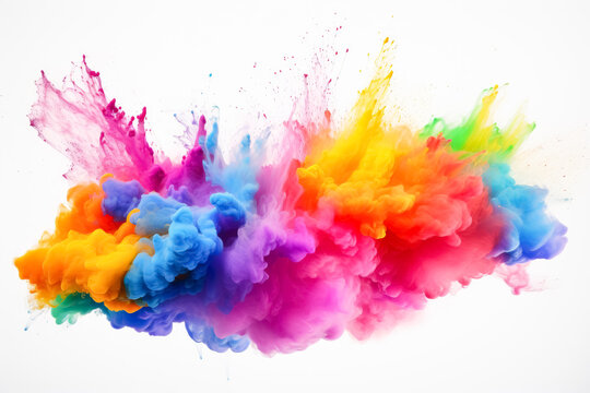 Colorful dust power falling  over white background, color palettes, rainbow powder on white background, chalky, cross processing, vibrant. Rainbow powder color splash on white. 