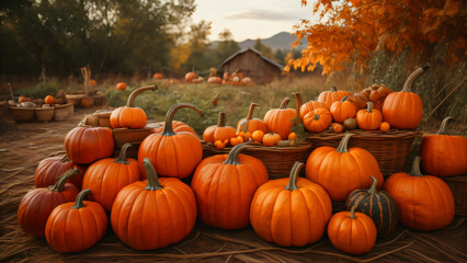 Naklejka na ściany i meble Fall background with pumpkins on a farm everywhere, on grass, with trees around.