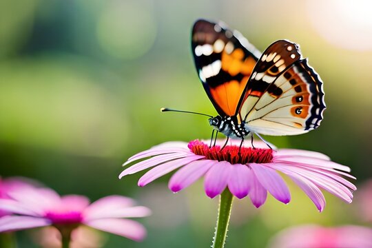 butterfly on a flower, blurred background, macro photography created with generative ai technology