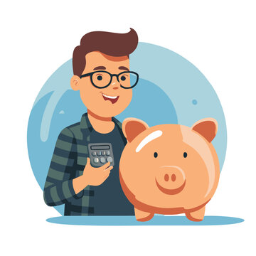 Vector image of a man holding a piggy bank and a calculator in his hands. Vector illustration