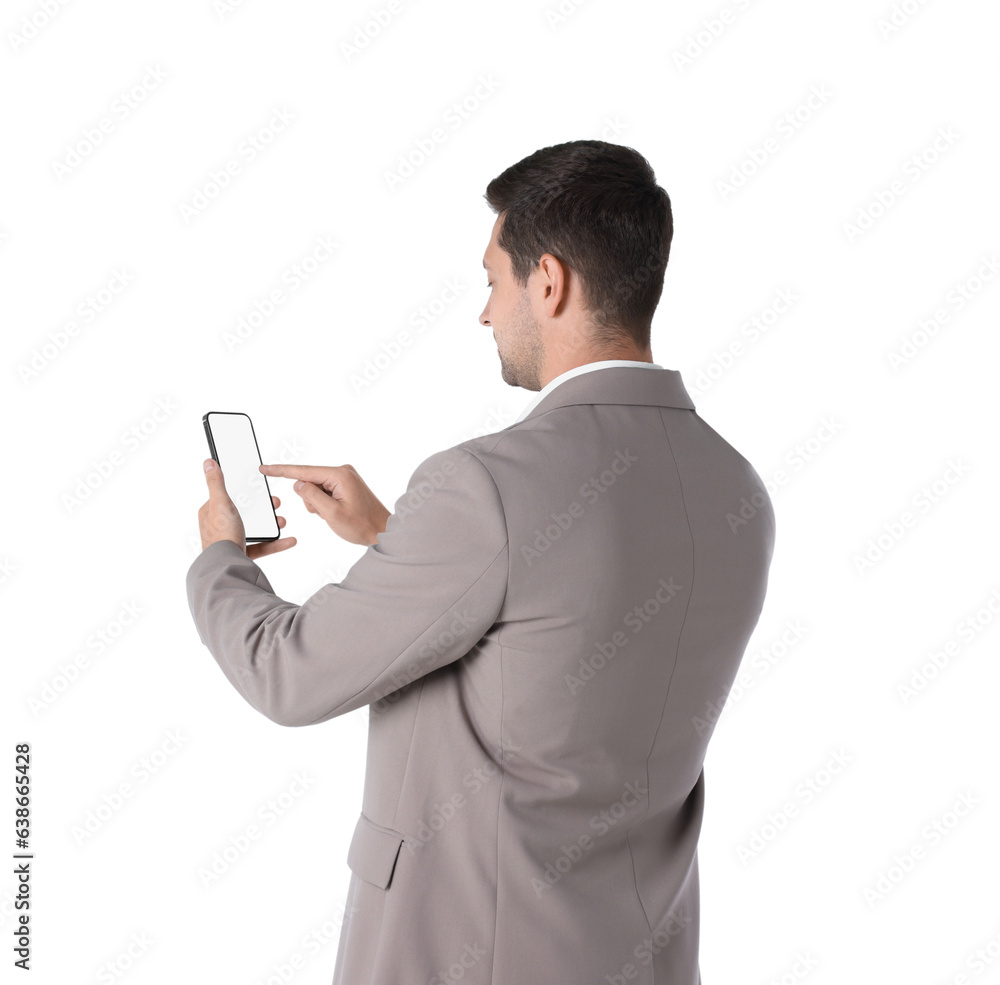Poster man using smartphone with blank screen on white background, back view