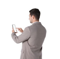 Man using smartphone with blank screen on white background, back view