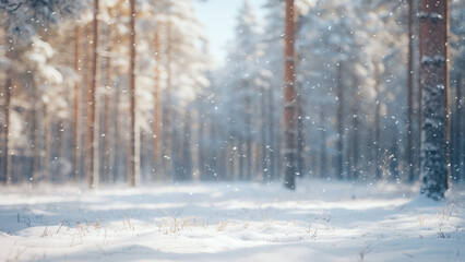 blur white snow and pine woods winter background. Christmas and new year backdrop for festive seasonal decoration 