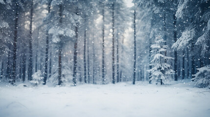 blur white snow and pine forest winter background. Christmas and new year backdrop for festive seasonal decoration 