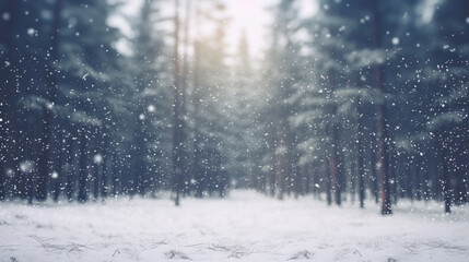 blur white snow and pine forest winter background. Christmas and new year backdrop for festive seasonal decoration