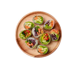 Plate of different delicious spring rolls wrapped in rice paper isolated on white
