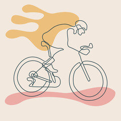 Minimalist riding a bicycle line illustration in line art style. Abstract background with Continuous line art. boho template wall decor. hand draw cover vector with copy space.