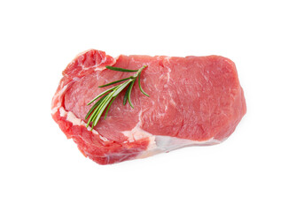Fresh raw meat with rosemary isolated on white, top view