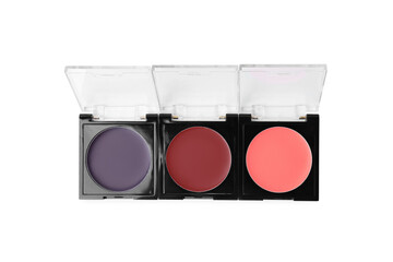 Cream lipstick palettes refills isolated on white, top view. Professional cosmetic product
