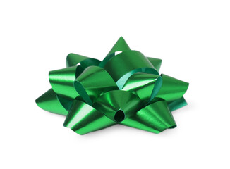 Green gift bow isolated on white. Festive decor