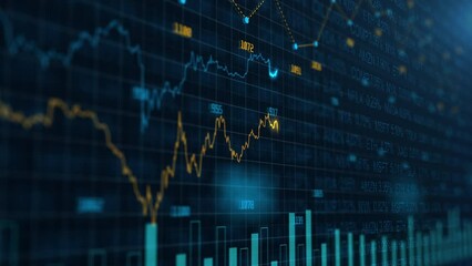 Stock market and information of exchange with data of price on market wall. Change and volume. Financial indexes change up and down over time. Concept of trading cryptocurrency assets and bitcoin