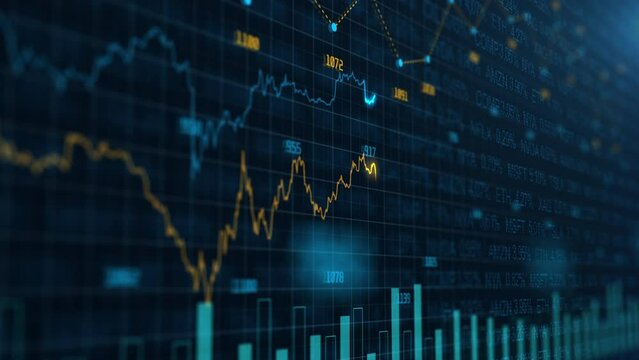 Stock market and information of exchange with data of price on market wall. Change and volume. Financial indexes change up and down over time. Concept of trading cryptocurrency assets and bitcoin