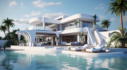 Fototapeta premium Professional Shot of an Exterior Design of a Luxurious Villa with a Relax Zone and a Pool.