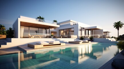 Obraz premium Professional Shot of an Exterior Design of a Luxurious Villa with a Relax Zone and a Pool.
