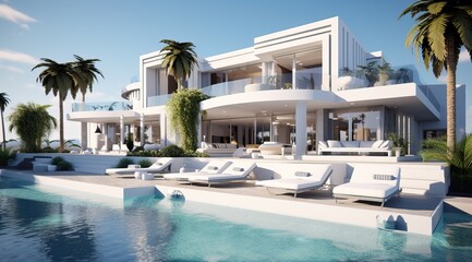 Professional Shot of an Exterior Design of a Luxurious Villa with a Relax Zone and a Pool.
