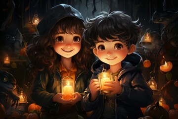 Halloween Illustration for Kids: Capturing the Magic of the Spooky Season with Playful Pumpkins, Adorable Trick-or-Treat Costumes, Friendly Ghosts, Cute Witches, and Enchanting Haunted Houses Memories