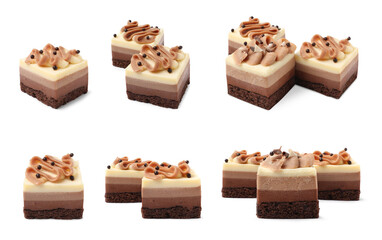 Set with pieces of triple chocolate mousse cake isolated on white, different angles