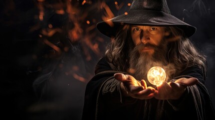 Old Sorcer doing Magic in a Mystical Room.