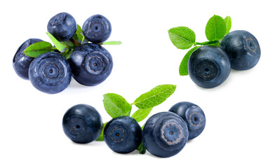 Set with tasty fresh bilberries and green leaves isolated on white