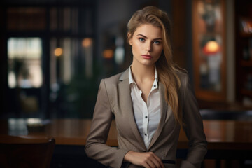 Sophisticated Professional: Captivating Portrait of a Woman, Dressed in a Sleeveless Blouse Paired with a Tailored Blazer and Trousers, Exuding Confidence and Elegance in her Office Setting