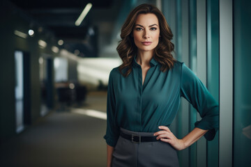 Obraz premium Confident and Stylish Businesswoman in a Modern Office Hallway, Posing with Poise and Ambition
