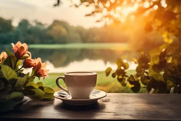 A cup of coffee in a beautiful natural setting. international coffee day concept. © Dinusha