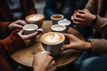 A group of friends enjoying coffee together. International coffee day concept. 