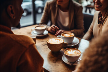 A group of friends enjoying coffee together. International coffee day concept. 