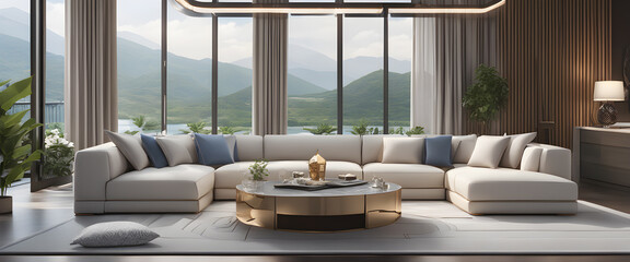 A modern room with a spectacular view of a landscape and white armchairs with a central table