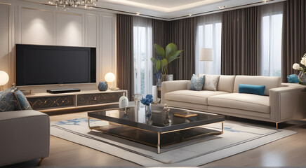 A very modern living room with a flat screen TV, and a large black square bright table