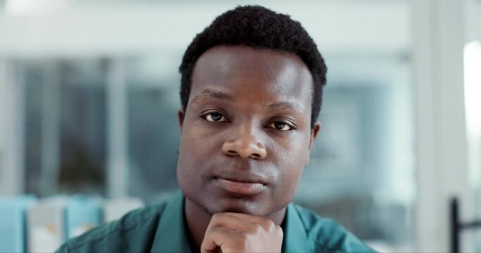 Black man, serious and face of business professional or employee in modern office for startup company. Portrait, african person and assertive worker in accounting career with confidence for job