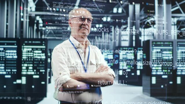 Senior system administrator in high tech data center looking at hologram visualization of coding lines. Cybersecurity computer scientist working on securing server terminals, preventing hacker attacks
