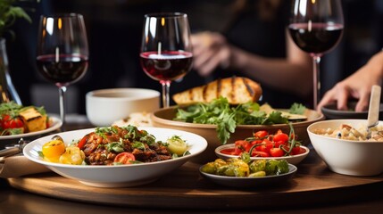 Gastronomic Display Table Adorned with Plates and Glasses of Food Generative AI