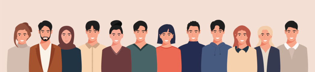 A group of people from different cultures and traditions. Diversity. Diverse multiracial and multicultural groups of people. Vector illustration in flat style.