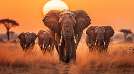 Obraz premium Tranquil Moment: Elephants Walking Across Dry Grass in Migration Generative AI