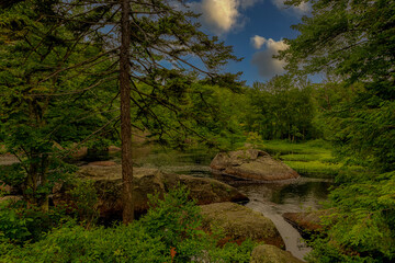 Contoocook River in New Hampshire blue skies and green foliage surrounding the water