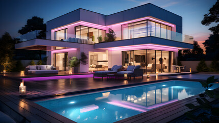 Fototapeta na wymiar Exterior of Modern Villa with outdoor swimming pool at Sunset | Generative AI