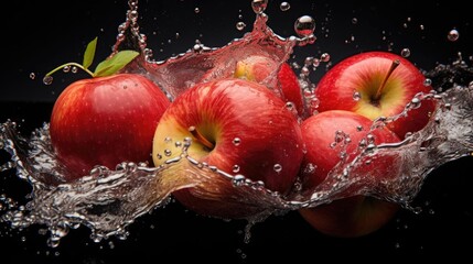 fresh red apple hit by splashes of water with black blur background