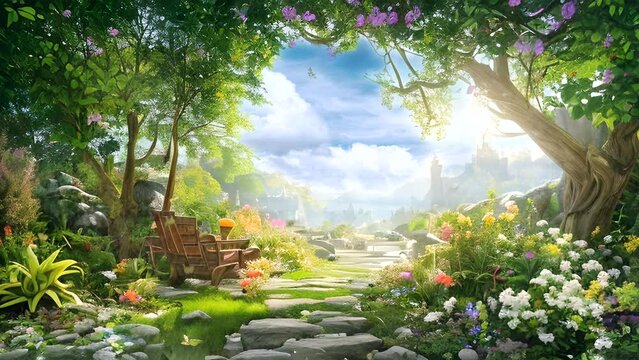 Beautiful fantasy tropical forest nature panorama. Illustration of Fantasy Heaven. Watercolor style or anime illustration. seamless looping video animated virtual background.
