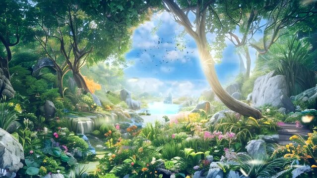 Beautiful natural panorama of fantasy tropical forest. Fantasy Paradise Garden illustration. Watercolor style or anime illustration. seamless looping video animated virtual background.