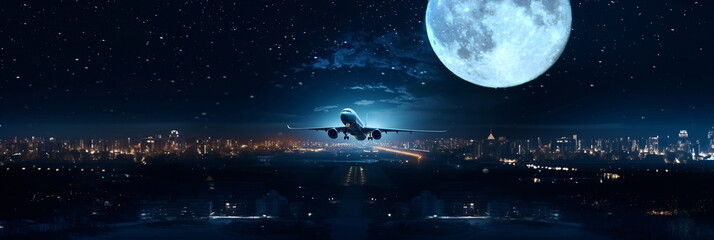  airplain fly on  cloudy sky   at starry night  big moon , below city blurred light
