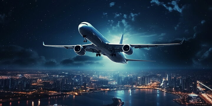  airplain fly on  cloudy sky   at starry night  big moon , below city blurred light