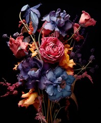 Beautiful bouquet of dried flowers on a deep black background — unique artisanal handmade florist minimalist aesthetic