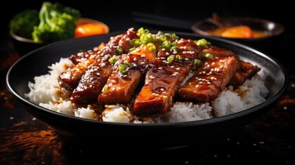 Fototapeta premium white rice with teriyaki beef and cut vegetables on a plate with black and blurry background