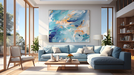Elegant living room with blue couch, large painting, and carefully curated decor | Generative AI