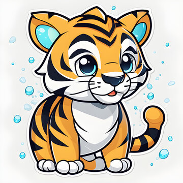 adorable tiger character, simple, flat, 2D vector art, vector image, isometric, clean line art, background white, sticker, happy, kawaii