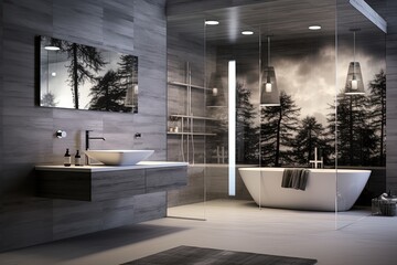 Luxury & Modern Bathroom with Glass and a Mirror, made of Wood.